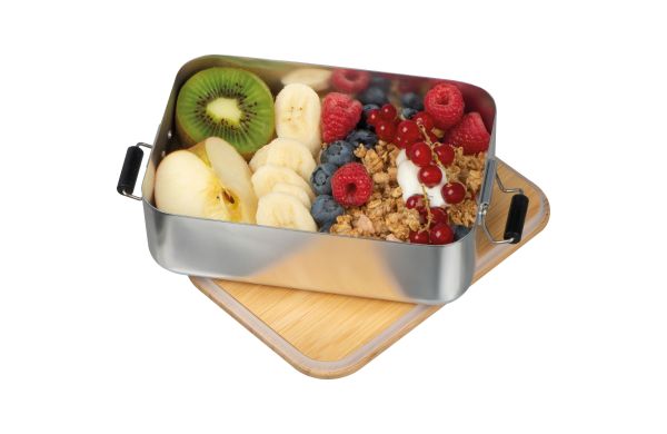 Brotzeitbox aus Aluminium mit Bambusdeckel  - silbergrau