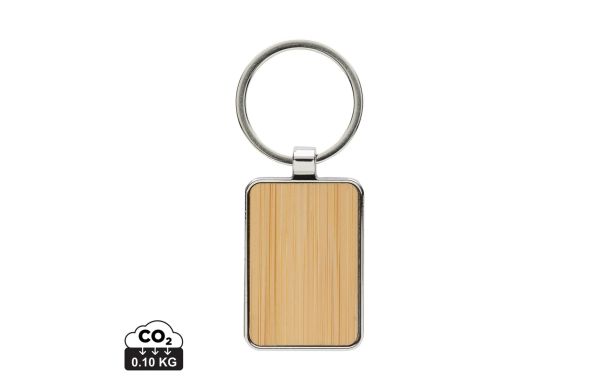 Eckiger Schlüsselring aus RCS rec. Zinklegierung mit Bambus, silber