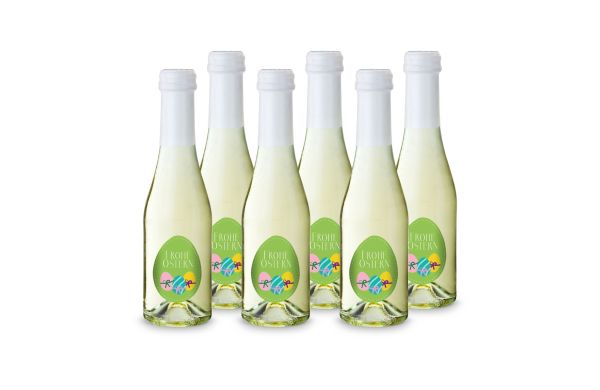 Geschenkartikel: Oster-Piccolo - 6 x Secco Piccolo 0,2 l - Flasche klar, Kapsel weiß