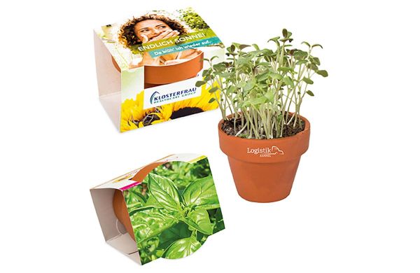 Logo-Töpfchen Komplettbanderole mit Samen