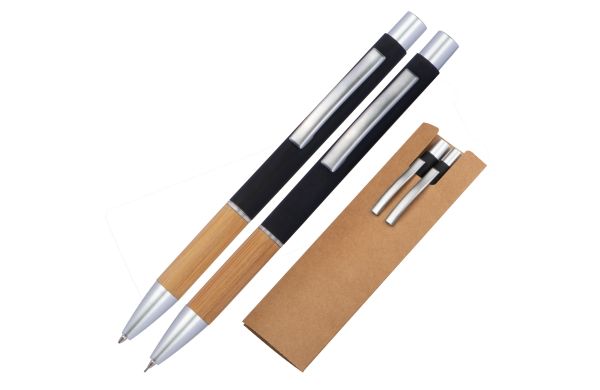 Schreibset Kugelschreiber und Bleistift mit Griffzone aus Bambus  - schwarz
