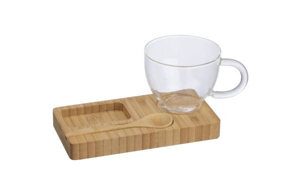 Servierbrett mit Bambuslöffel und Glastasse, 150ml - beige
