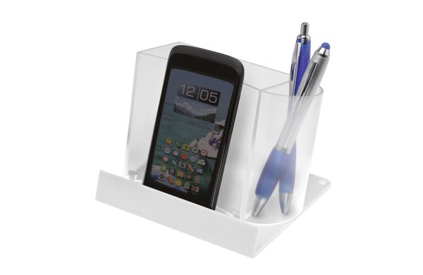 Smartphone-/Tabletständer mit Zettelbox und Köcher, gefrostet glasklar / weiß