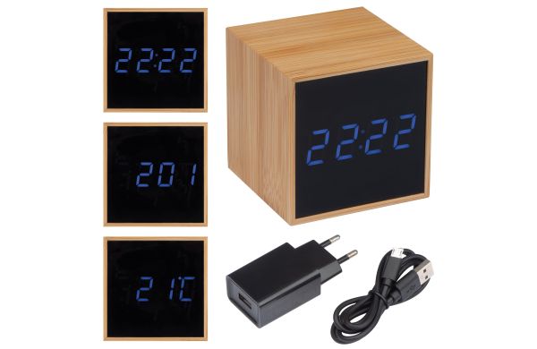 Tischuhr mit schwarzem Display und blauer LED Anzeige - beige