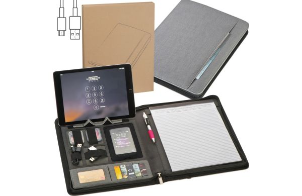 A4 Schreibmappe aus Kunstleder mit integrierter Powerbank - silbergrau