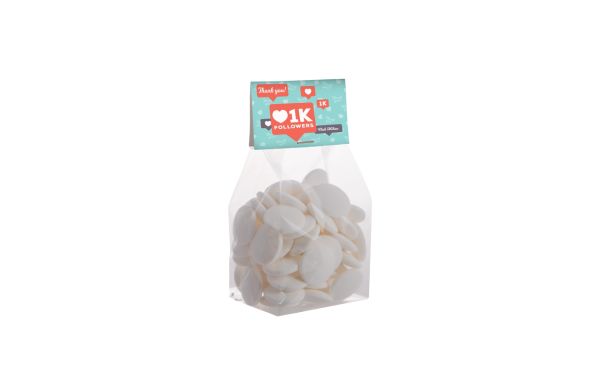 Blockbeutel mit Topkarte, 150 g Süssigkeiten, Transparent/Weiß