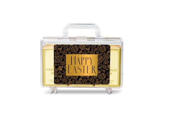 Geschenkartikel: Frohe Ostern Goldkoffer mit 12 Goldbarren, Edelvollmilch-Schokolade (120 g)