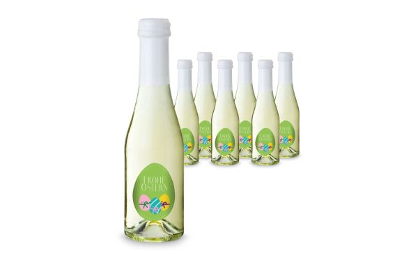 Geschenkartikel / Präsentartikel: Oster-Piccolo - 6 x Secco Piccolo 0,2 l - Flasche klar, Kapsel weiß