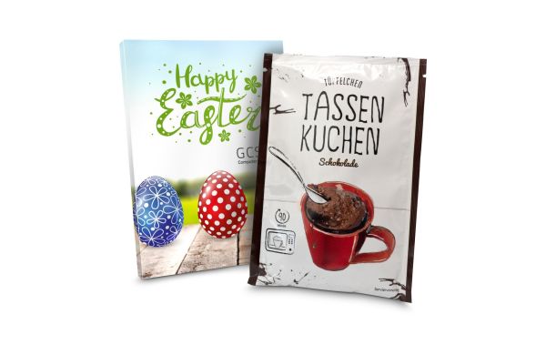 Geschenkartikel / Präsentartikel: Oster Tassenkuchen Schokolade (Backmischung 70 g), auch in individueller Stecktasche