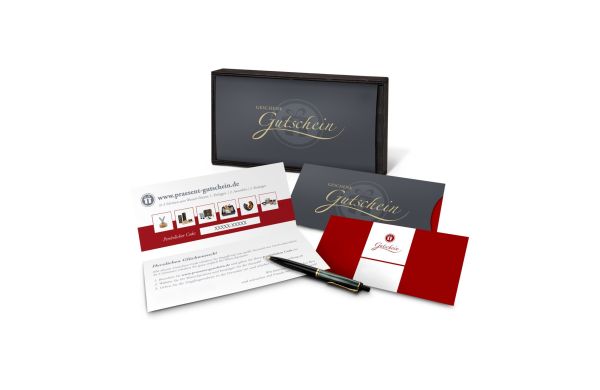 Geschenkgutschein Rot in Holzkiste, große Auswahl an Präsenten, Lifestyle- und Wellnessprodukten, Kategorie 10 €