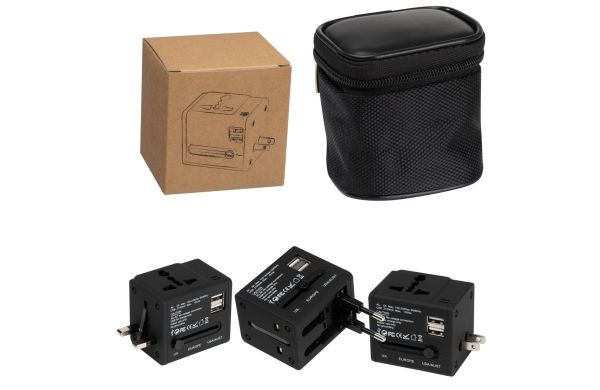 Gummierter Reiseadapter in einem Etui - schwarz