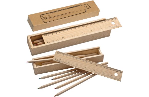 Holzbox mit 8 Buntstiften und Lineal - braun