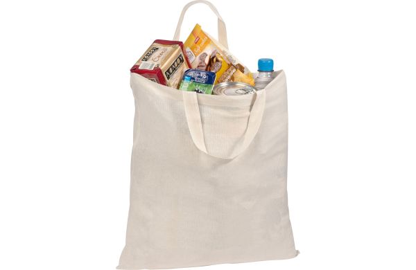 Naturfarbene Oeko-Tex STANDARD 100 Baumwolltasche mit kurzen Henkeln - weiß