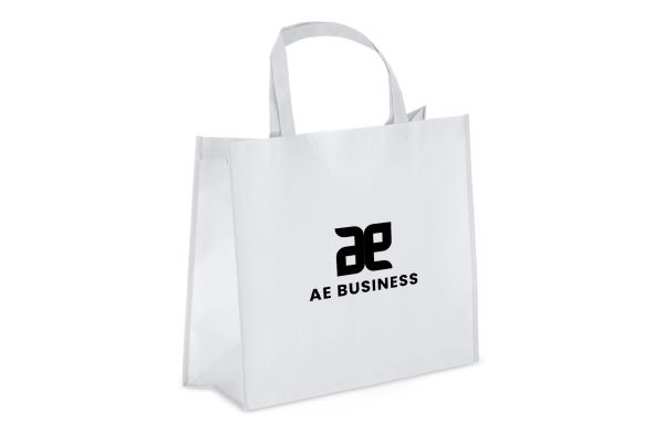R-PET Tragetasche aus laminiertem Non Woven 40 x 16 x 35cm 105g/m², weiss