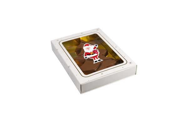 Schachtel mit Schoko-Weihnachtsbaum, transparent, weiss
