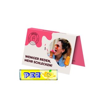 Werbekarte Visitenkartenformat, PEZ Bonbonriegel